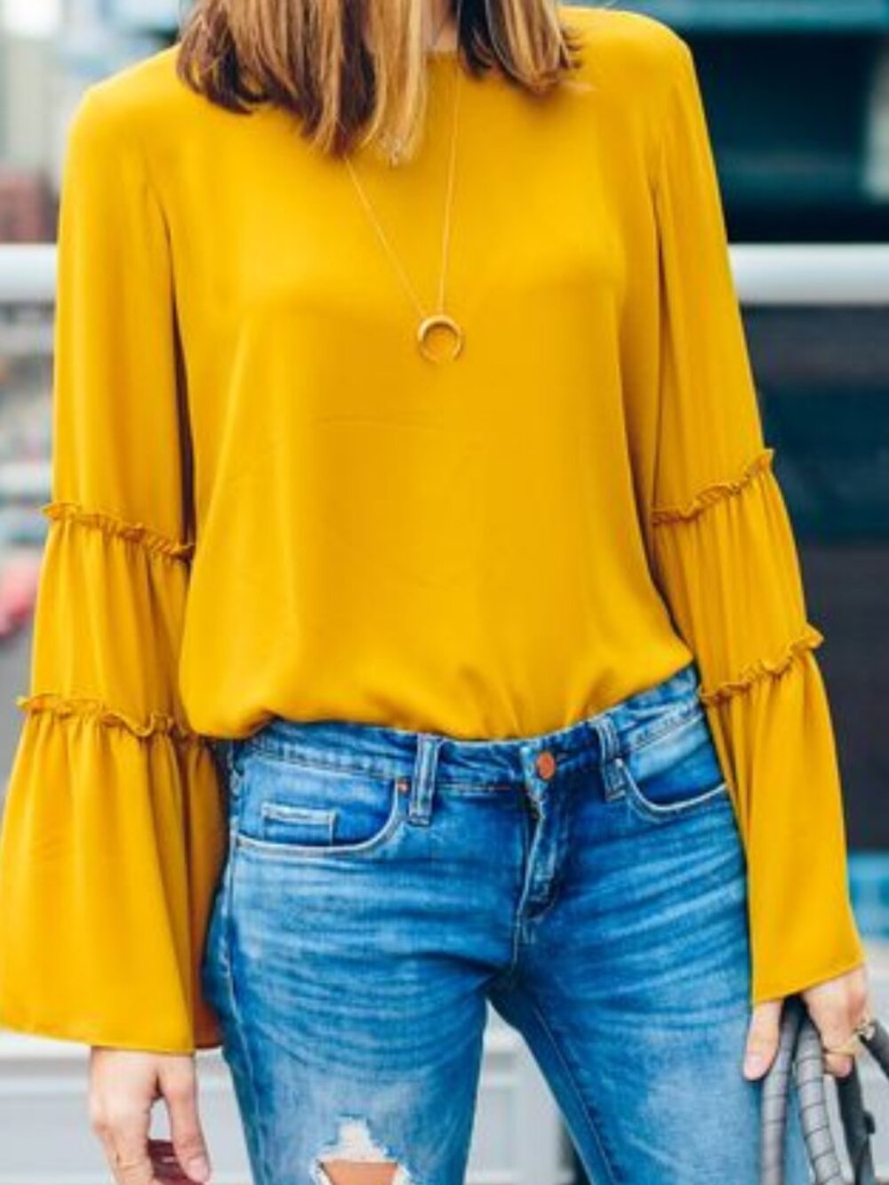 Massimo Dutti Yellow Ochre Top with Ruffle Detail Sleeves